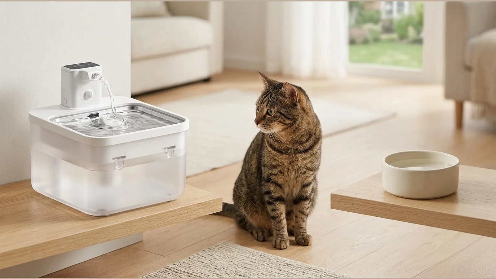 Cat with a water fountain and a separate backup water bowl