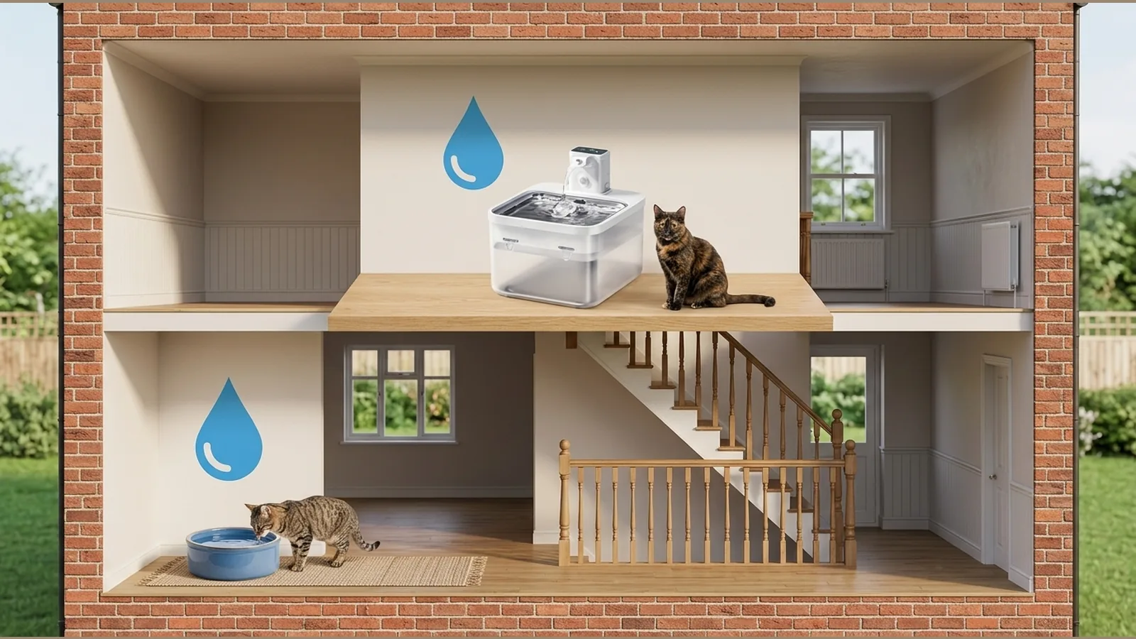 Cat water sources positioned on both floors of a home