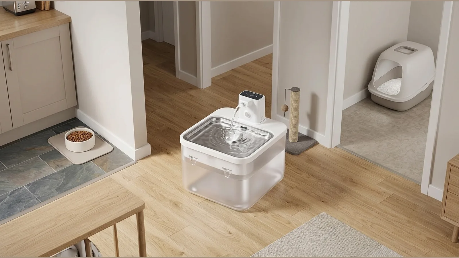 Cat water fountain placed away from food and litter areas