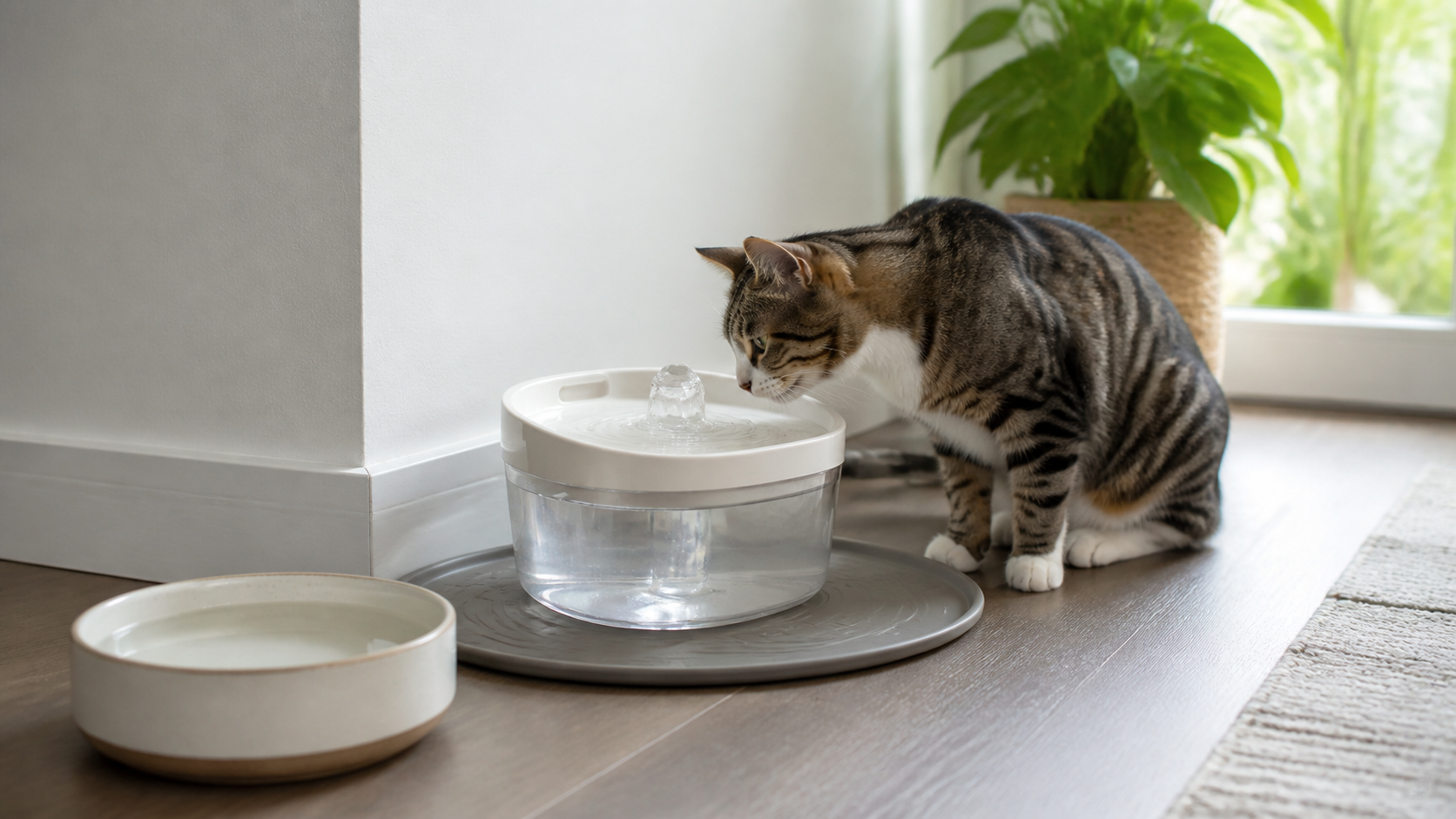 Cat investigating a cordless water fountain beside a separate wide backup bowl