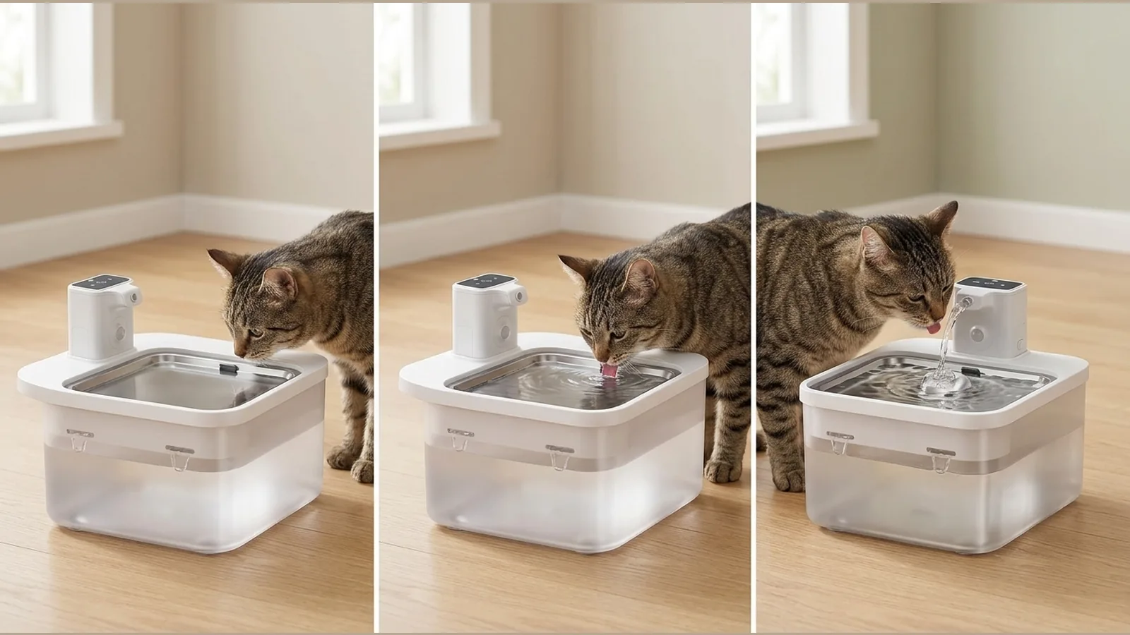 Three calm stages for introducing a cat to a water fountain