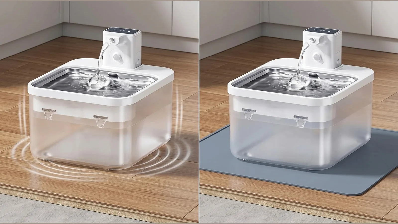 Cat fountain on a rubber mat to reduce vibration on a hard floor